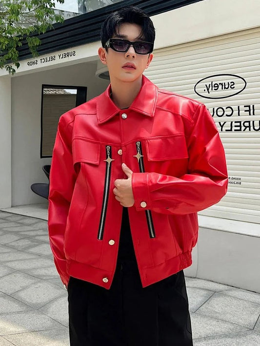 Classic Korean Fashion Street Style Red Vegan Leather Jacket For Men's 