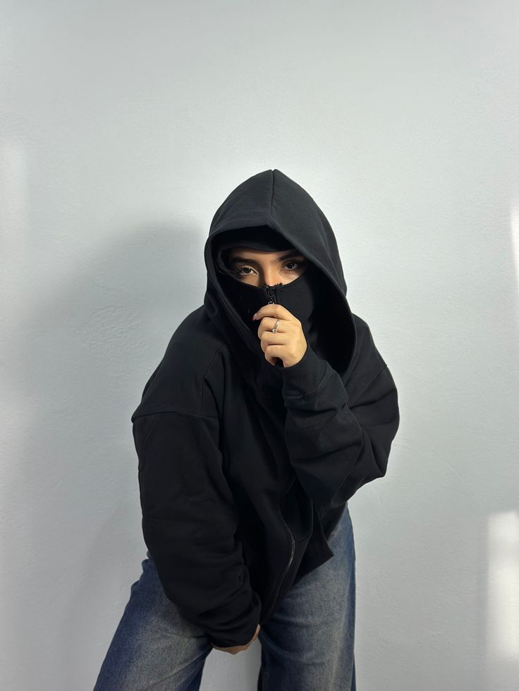 Unisex Black Balaclava Hoodie – Oversized Zip-Up Streetwear Jacket