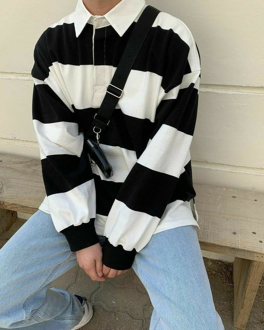 Korean Style Fashion Mens Collar Striped Casual Fashion Loose Sweatshirt For Mens