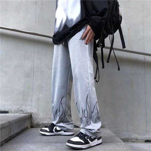 Aesthetic Y2K Fire Flame Straight Fit Baggy Streetwear Joggers Track For Mens