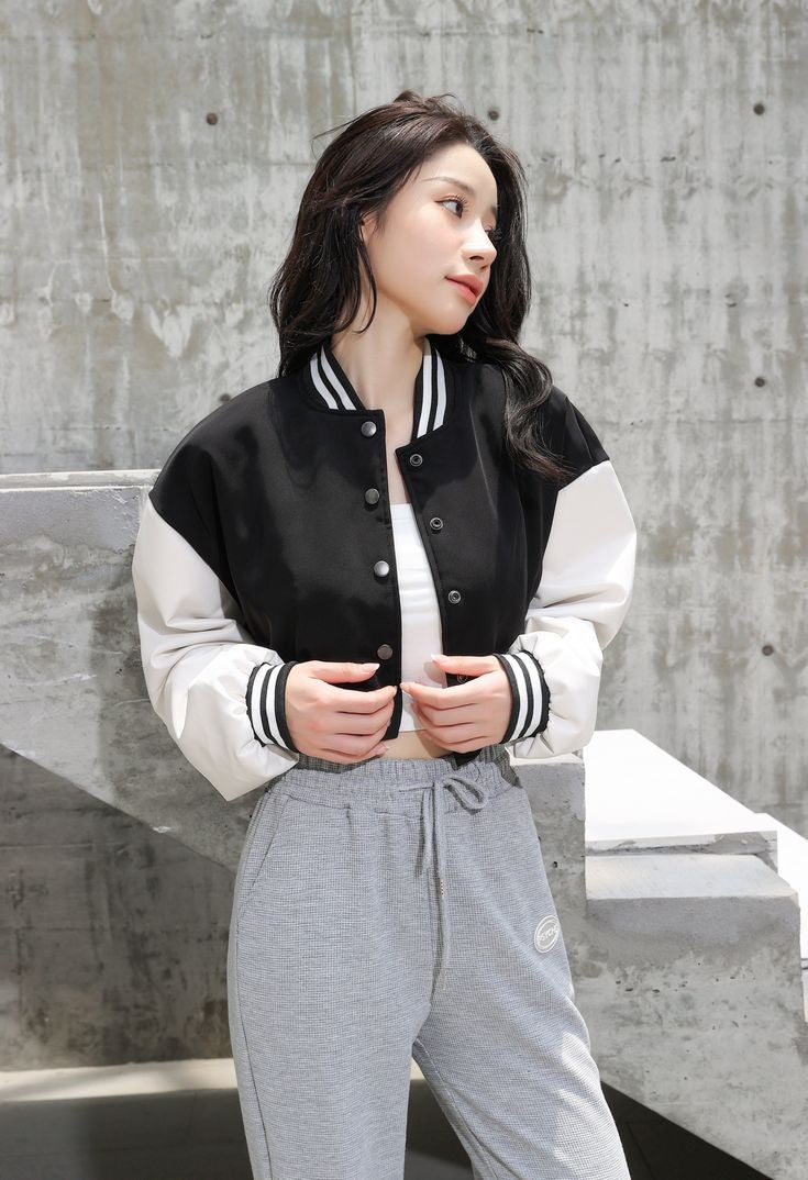 Black White Crop Varsity Jacket For Women