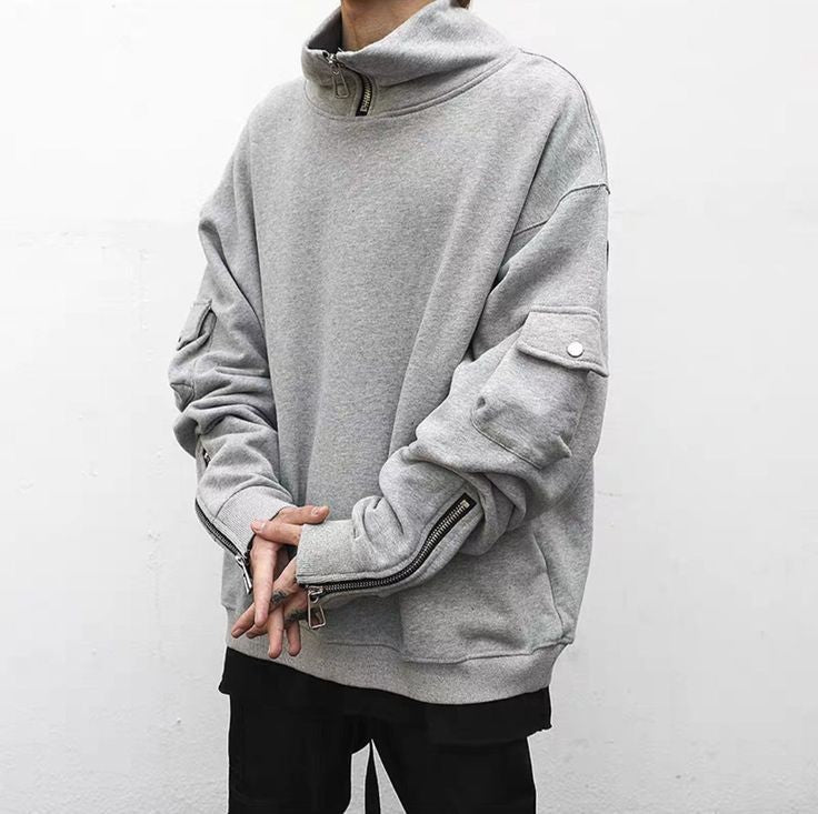 Men's Oversized Y2K High Neck Zip Sleeve Snap Button Pocket Pullover Hooded Sweatshirt