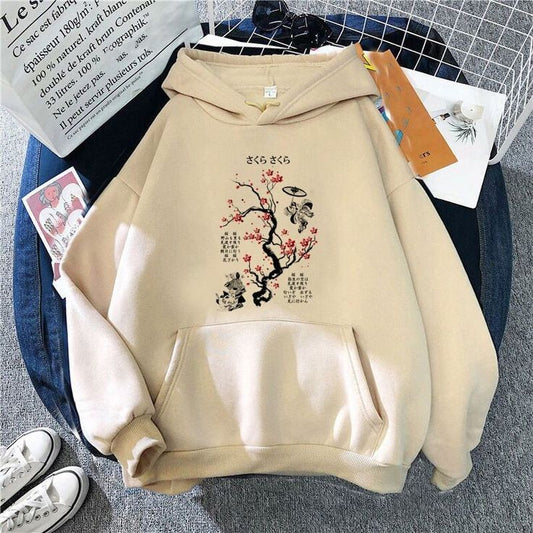 Vintage cherry Blossom Print Oversized kawaii Fashion Style Hoodie For women