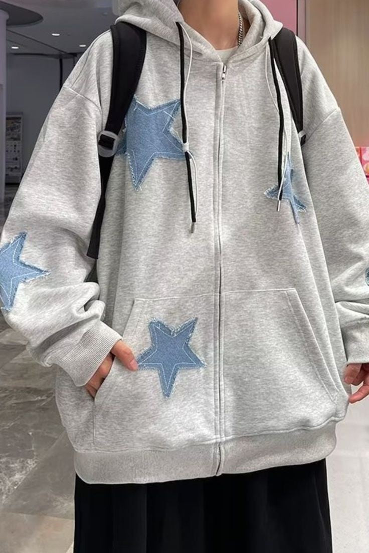 Y2K Denim Star Patches Deisgn American Style Streetwear Oversized Comfy Zipper Hoodie For Mens 