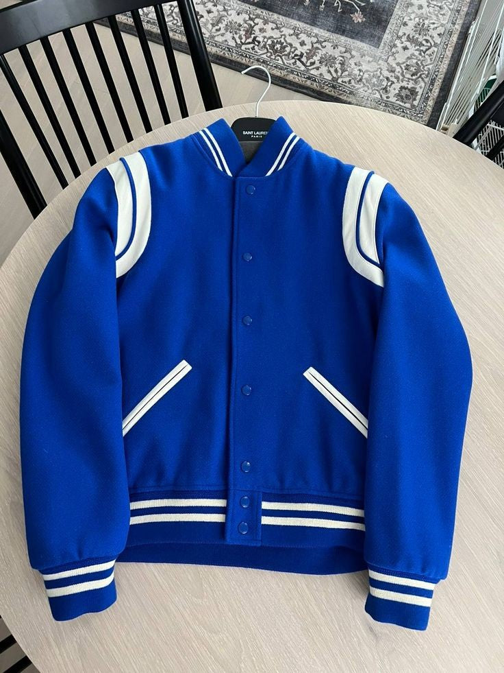 Buy Luxury High Street Classics Men's Royal Blue Retro Style Relaxed Fit Baseball Varsity Jacket For Men's Women's Online clothing