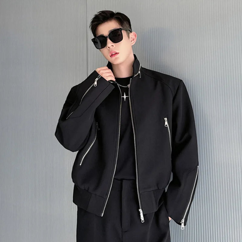 Men's Vintage Korean Celebrity Style Multi Zipper Stand Collar Jacket - Shoppingfactory23