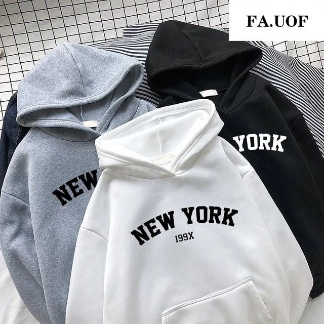 Graphic New York Printed Drop Shoulder Drawstring Pullover Fleece Hoodie For Women