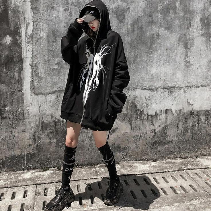 Aesthetic Gothic Ghost Printed Harajuku Style Full Zip Up Hoodie Zipper For Women