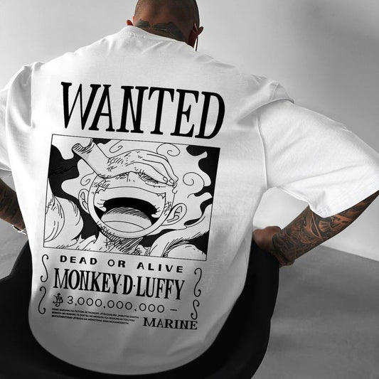 One Piece Luffy Wanted Poster Graphic Printed Oversized Half Sleeves Round Neck T-shirt For Mens