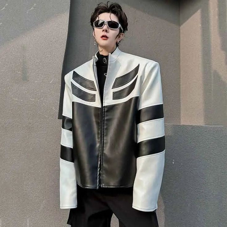 Buy Menswear Classic High Street Retro Style Streetwear Korean Fashion Zip Collar Black & White Vegan Leather Jacket For Men's Online Clothing