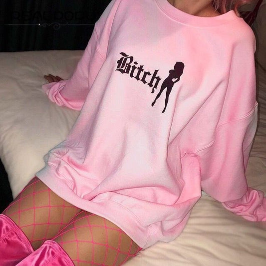 Baby Pink Bitch Graphic Printed Long Kawaii Fashion Comfy Casual Fleece Sweatshirt For Women