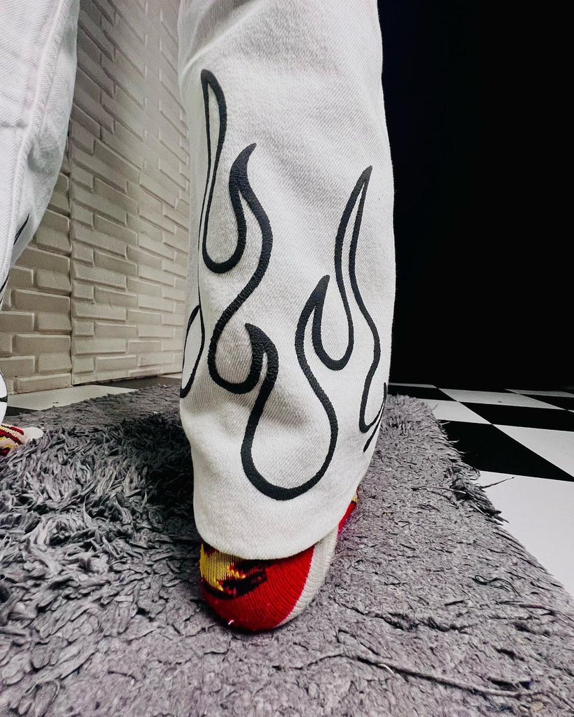 Flame Printed Straight Fit Baggy White Jeans