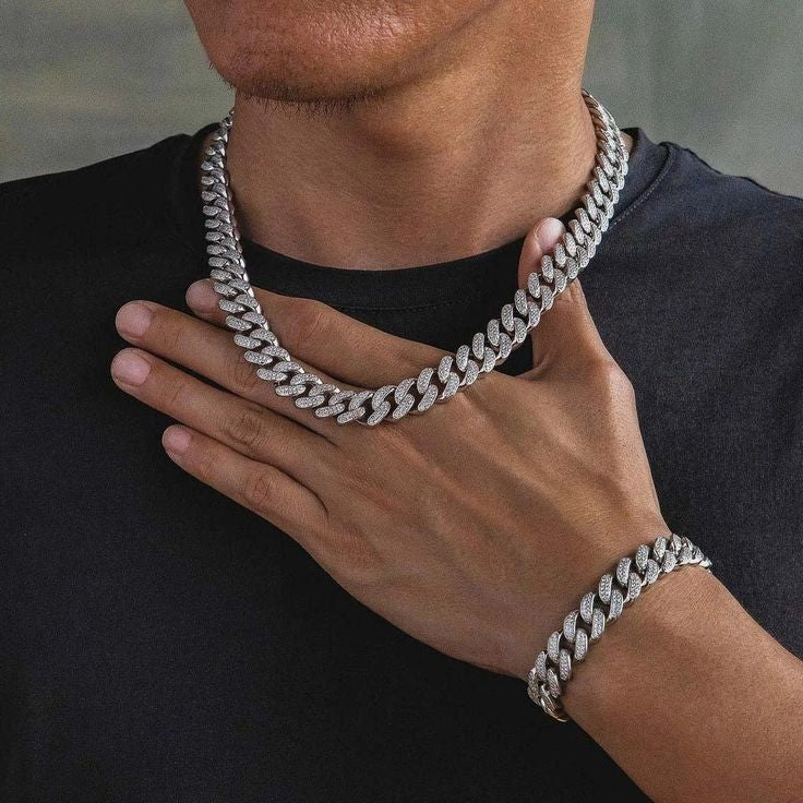 Classic Hip Hop Fashion Ice Out Diamond Cuban Link Chain + Bracelet Combo