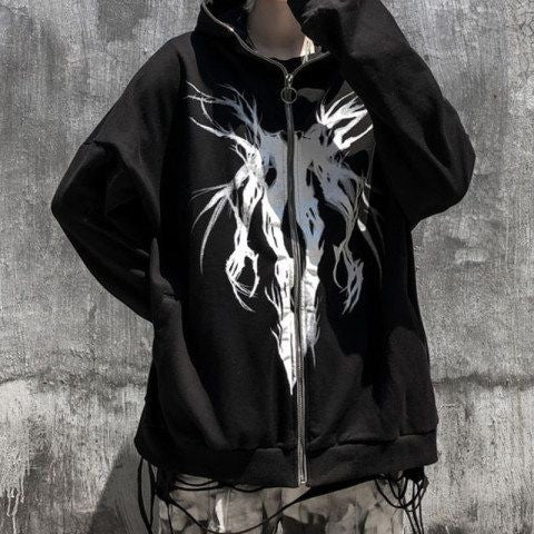 Aesthetic Y2K Vintage Gothic Ghost Harajuku Street Style Full Zip Up Zipper Hoodie For Mens