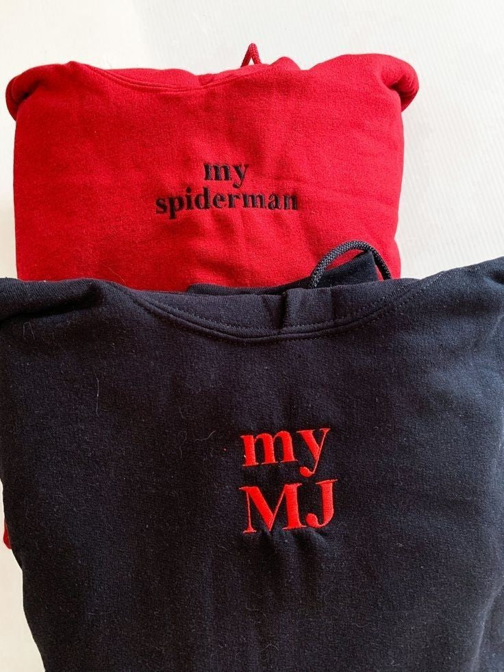 "Personalised My Spiderman & My MJ Inspired Embroidery Couple Hoodie Set |  Matching Hoodies for Couples For Him & Her."
