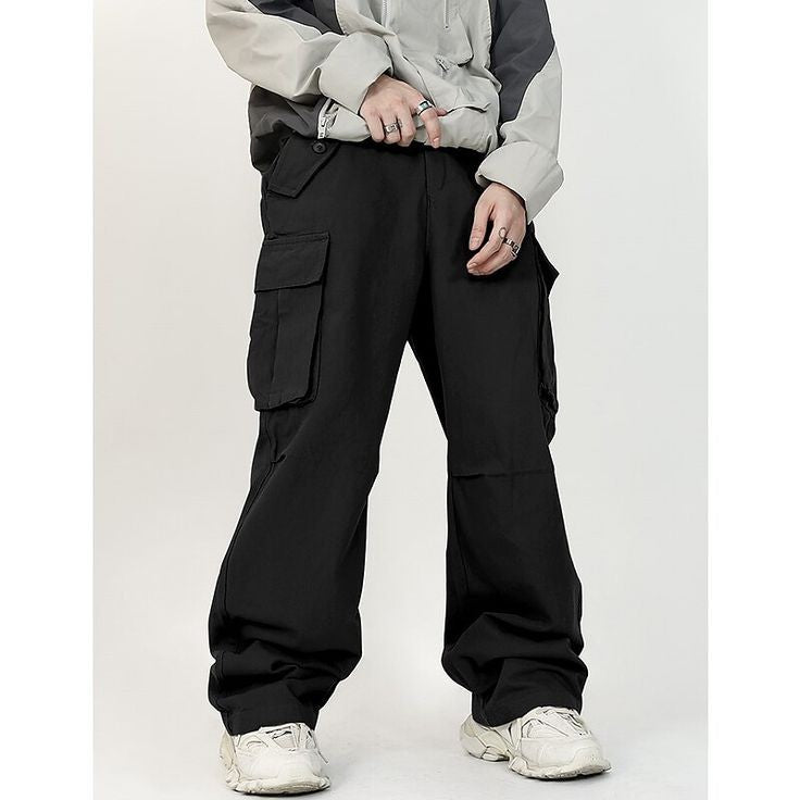 Techwear Black Flap Pocket Baggy Loose Fit Harajuku Fashion Streetwear Cargo Pant For Mens