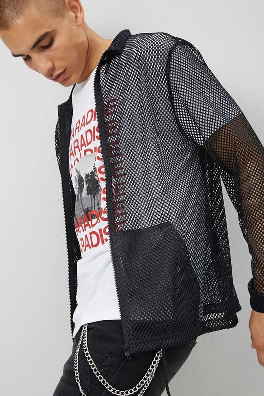 Iconic Mesh Fish Net Full Sleeve High Neck Jacket For Mens