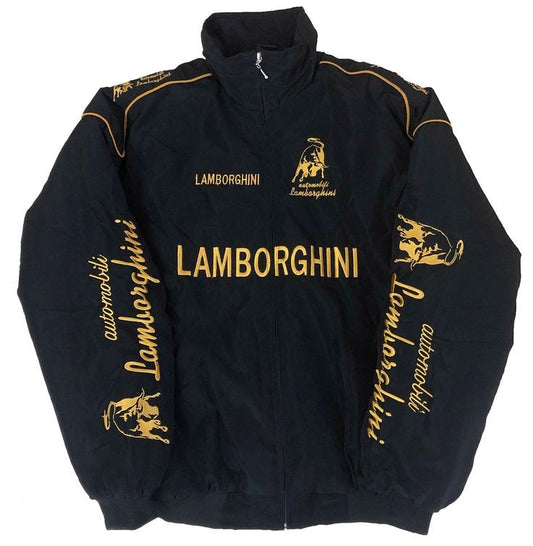 A vintage F1 Lamborghini racing jacket featuring bold yellow and black colors, designed with an oversized fit for a stylish look.