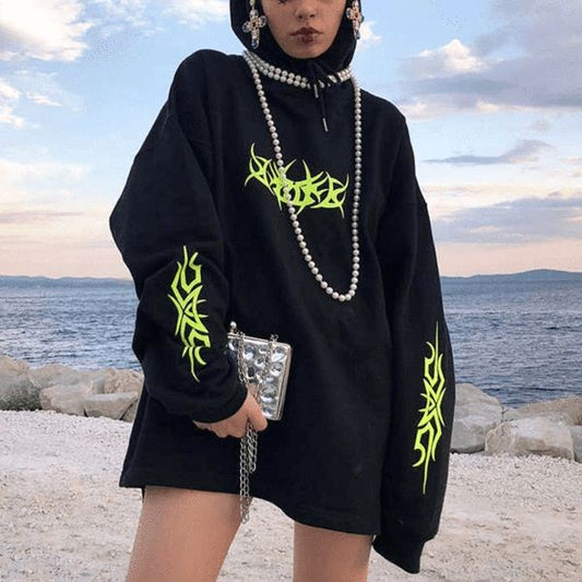 Vintage Neon Print Gothic Y2K Streetwear Style Oversized Pullover Hoodie For Women