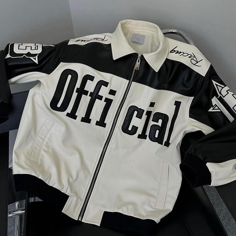 "Vintage racing-style vegan leather jacket with a sleek, classic design."