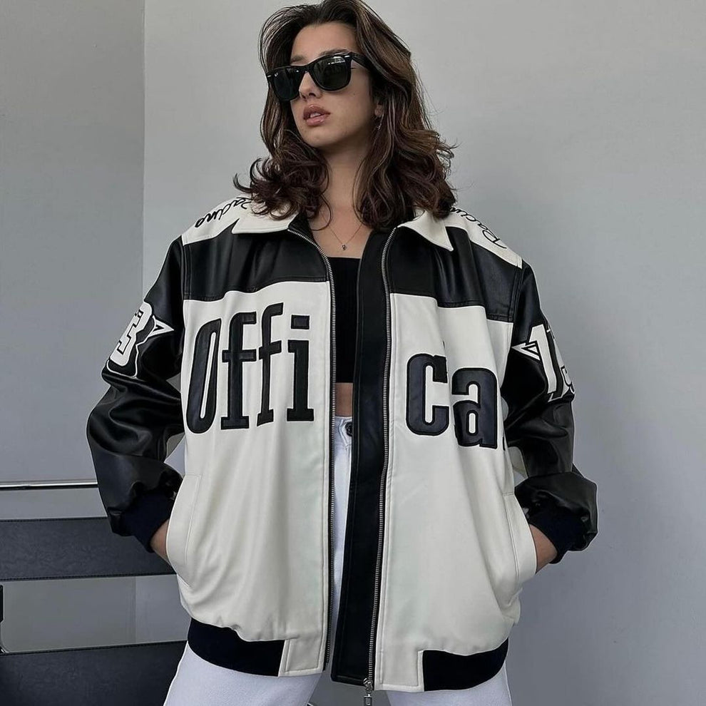 "Official Vintage racing-style vegan leather jacket with a sleek, classic design."