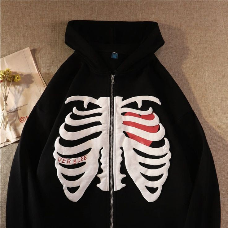 Vintage Heart Skeleton Print Y2K Harajuku Women Korean Fashion Streetstyle Casual Wear Drawstring Oversize Pullover Zip Up Hoodie