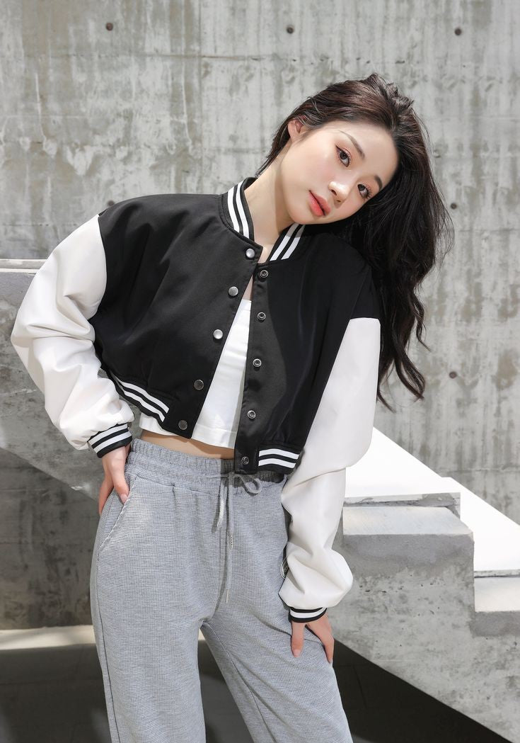 Black White Crop Varsity Jacket For Women