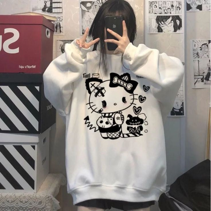 Y2K Autumn Cartoon Hello Kitty Print Oversized Harajuku Kawaii Style White Sweatshirt For Women's 