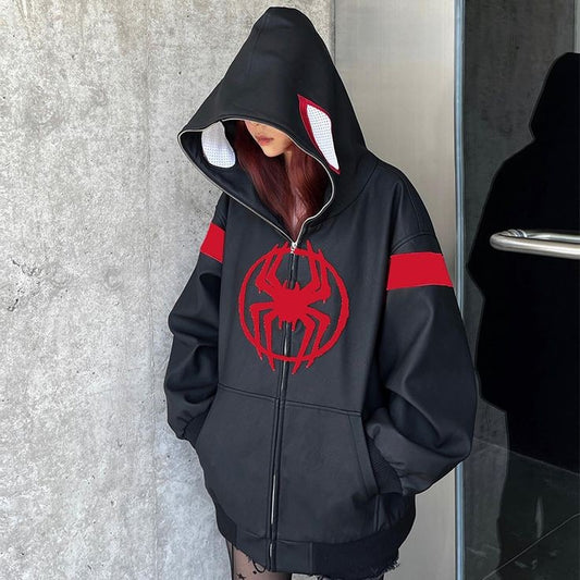 Vintage Black Spider man Edition Full Zip Up Zipper Hoodie Oversized For Women