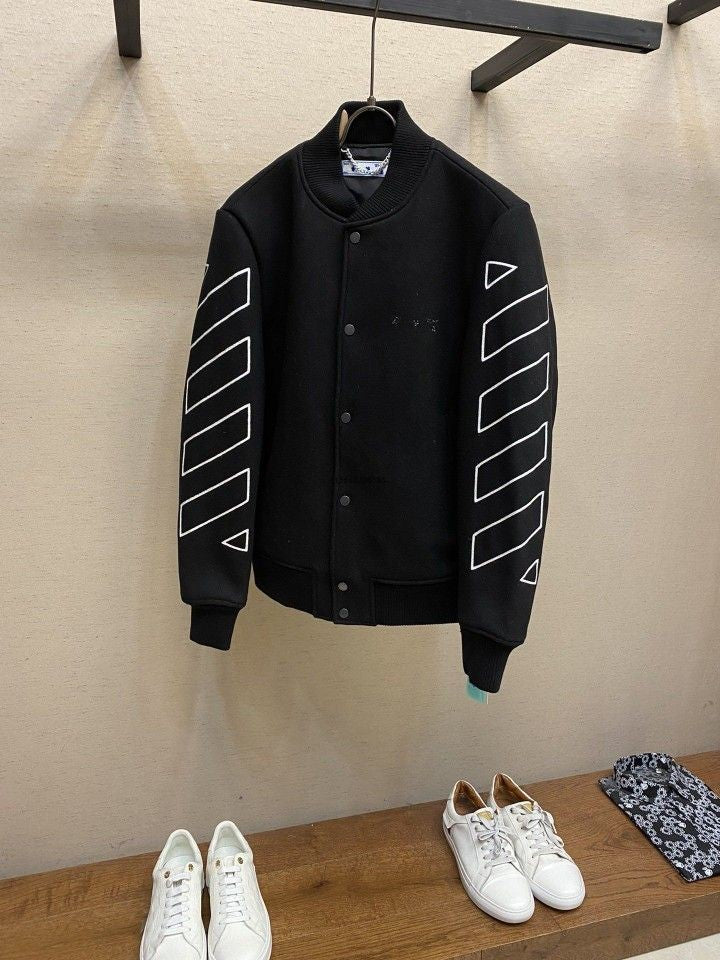 Off White Sleeve Print Varsity Jacket