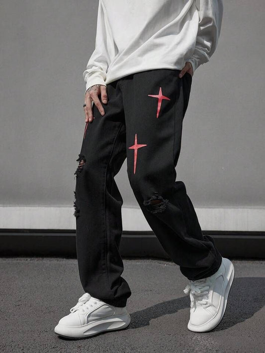 Men's Y2K Streetwear Cross Print Damage Baggy Loose Straight Fit Drip Fashion Black Jeans