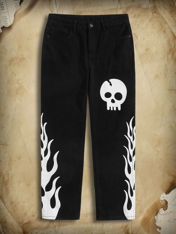  Fire Skeleton Printed Y2K Fashion Streetwear Hip Hop Baggy Straight Fit Black Jeans