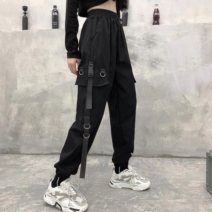 Women Black Gothic Techwear Cargo Pant Relaxed Fit Utility Casual Pocket Cargo