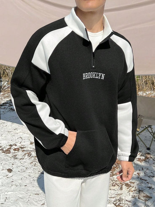 Brooklyn Embroidery Trendy Plus Size Zip Collar Fleece Sweatshirt For Men