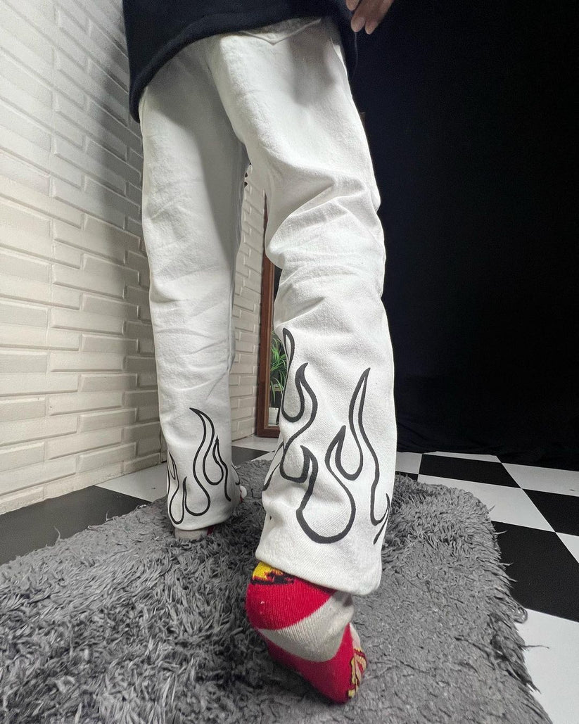 Flame Printed Straight Fit Baggy White Jeans