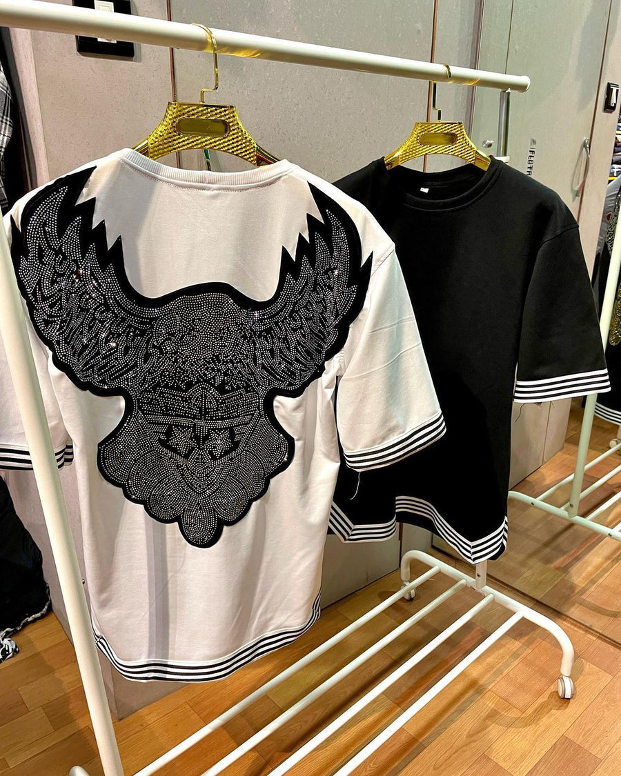 Drop Shoulder Oversize Diamond Eagle Patch Half Sleeve T-shirt