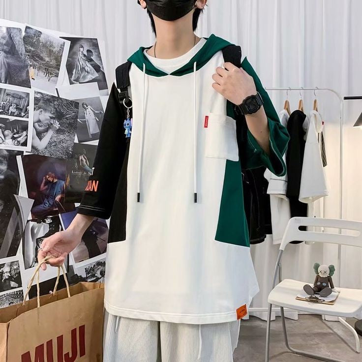 Techwear Harajuku Hong kong Streetwear Style Oversized Hip Hop Half Sleeve Hoodie T-shirt For Mens