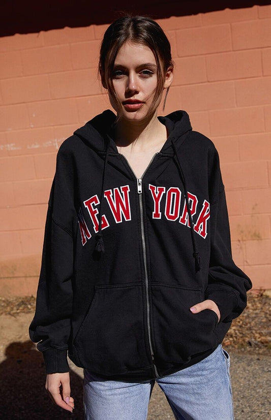 Exclusive New York Embroidery Zipper Hooded For Women - Clothing Apparels