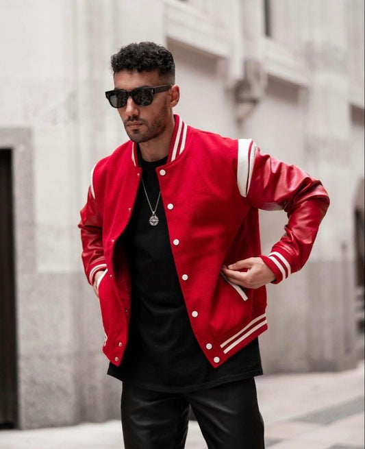 Iconic Style Red Leather Sleeve Baseball Varsity Jacket For Men's Fashion Outfit