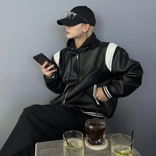 Korean Y2K Street Style Oversized Partywear GenZ Black Faux Leather Jacket
