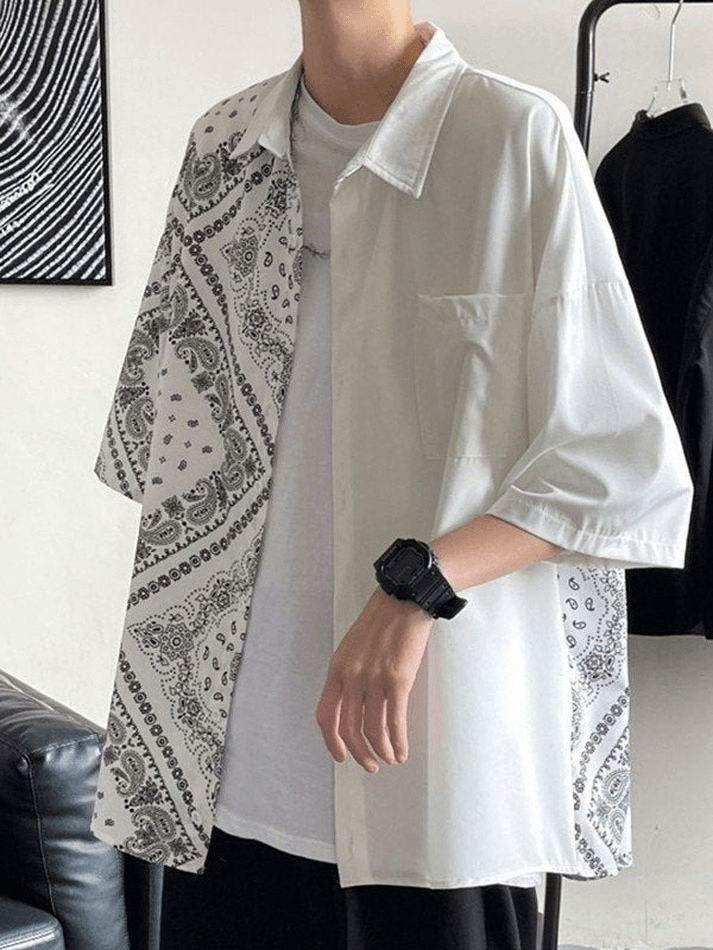 Korean Style Fashion Bandana Shirt Oversize Streetwear Harajuku Elbow Panel Shirt For Men women