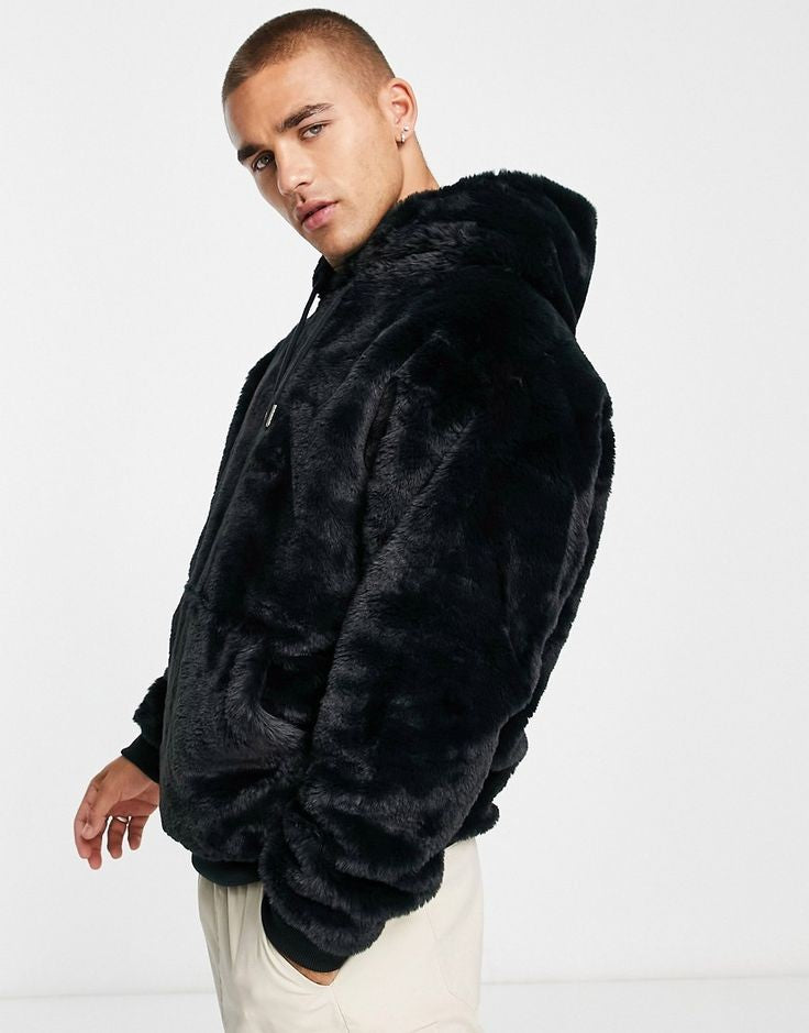 Black Shine Fur Pullover Hoodie For Mens