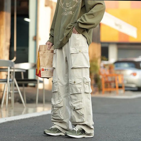 Elite Beige Multi Pocket Wide Leg Baggy Utility Harajuku Caro Pant For Mens