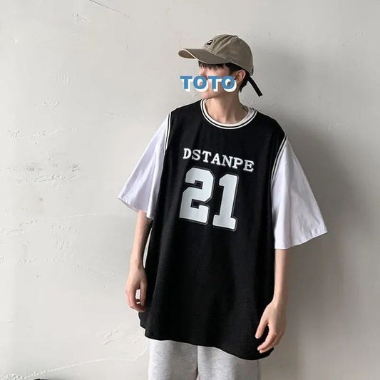 Vintage Korean Fashion Kawaii College Baseball Style Printed Oversized Elbow Sleeves T-shirt For Mens