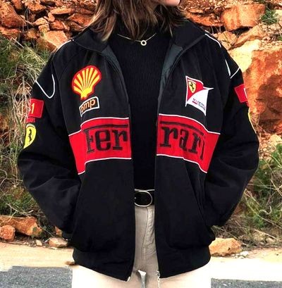 premium Limited edition red Ferrari F1 vintage racing jacket with motorsports-inspired design for men