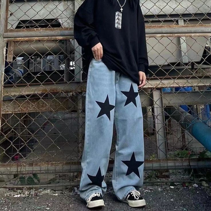 Y2K Straight Fit Baggy Star Printed Baggy Sky Blue Jeans