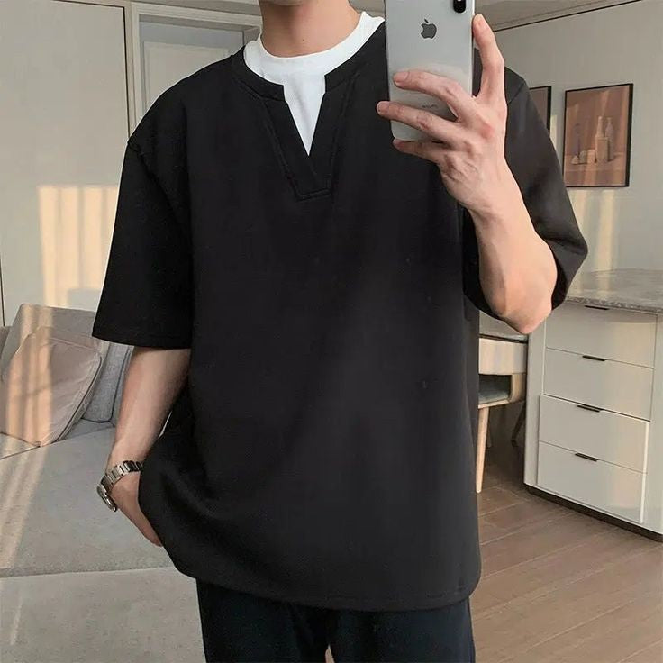 Classy Outfit Mens Fashion Casual Outfit Streetwear T-shirt Deisgn Fake Two Piece Knitted Versatile T-shirt