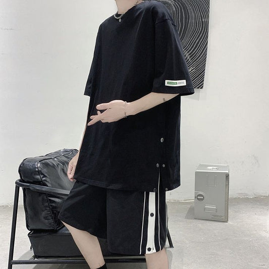 Mens Chinese Style Snap Button Deisgn Summer Fashion Oversized Streetwear Casual Shorts Suit Outfit