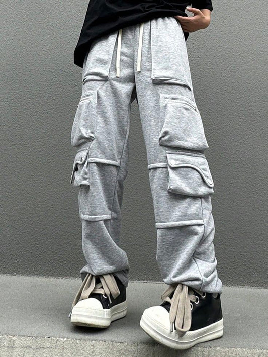 Vintage Urban Style Aesthetic Multi Pocket Baggy High Streetwear Grey Trousers Pant For Mens