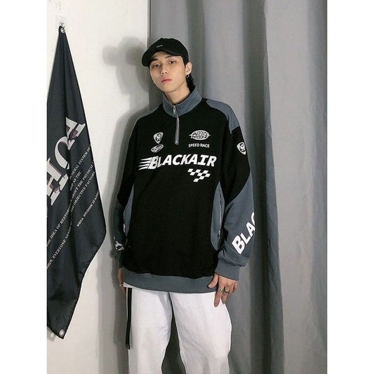 Blackair Racer Half Zip Collar Streetwear Harajuku Y2K Street Style Korean Fashion Fleece Sweatshirt For Mens